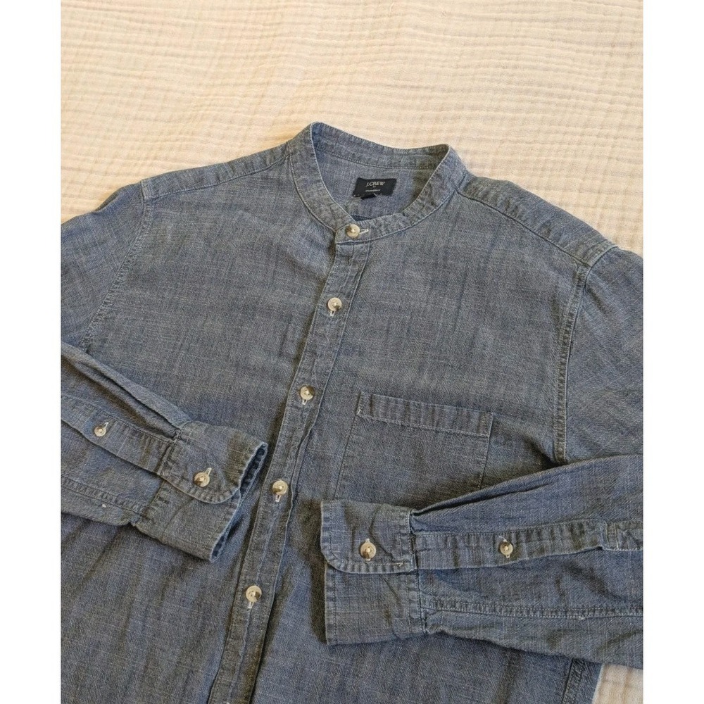 J. Crew Mens Small Chambray Band Collar Lightweight Cotton Button Shirt Summer
